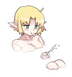 Rule 34 | 1girl, aaaa (aaaa480), blonde hair, blush, breasts, cleavage, commentary request, completely nude, cookie (touhou), cowlick, feet out of frame, green eyes, joker (cookie), looking down, medium bangs, medium breasts, mizuhashi parsee, nude, open mouth, parted bangs, partially submerged, pointy ears, short hair, simple background, solo, squirting liquid, touhou, water gun, white background