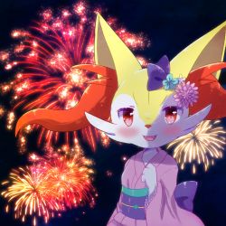 Rule 34 | 1girl, animal ears, blue background, blush, bow, braixen, creatures (company), fangs, female focus, fireworks, flower, fox ears, furry, furry female, game freak, gen 6 pokemon, green flower, hand up, japanese clothes, kemoribon, kimono, long sleeves, looking at viewer, night, nintendo, obi, open mouth, outdoors, pink flower, pink kimono, pokemon, pokemon (creature), pokemon xy, purple bow, red eyes, sash, simple background, sky, smile, solo, standing, teeth, upper body, white flower