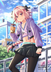 Rule 34 | 1boy, against fence, artist name, astolfo (fate), black skirt, blush, braid, brown pantyhose, bubble tea, building, closed mouth, cloud, collarbone, commentary request, cropped jacket, crossdressing, cup, day, drinking straw, fate/grand order, fate (series), fence, from below, hair intakes, holding, holding cup, hood, hooded jacket, jacket, long braid, long hair, long sleeves, male focus, multicolored hair, navel, official alternate costume, outdoors, pantyhose, pink hair, pleated skirt, purple eyes, purple jacket, reflection, shirt, single braid, skirt, sky, smile, solo, streaked hair, striped clothes, striped shirt, trap, v-neck, villyane, watermark, web address, white hair, window