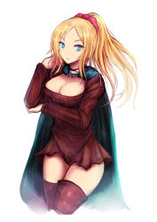 Rule 34 | 1girl, blonde hair, blue eyes, boots, bow, breasts, brown thighhighs, cape, cleavage, final fantasy, final fantasy tactics, hair bow, high ponytail, kara (color), large breasts, long hair, ponytail, simple background, solo, thigh boots, thighhighs, thighs, valmafra lenande, white background, zettai ryouiki
