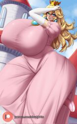 Rule 34 | 1girl, blonde hair, blue eyes, blush, breasts, cloudyb1ts, crown, curvy, dress, earrings, elbow gloves, female focus, gigantic breasts, gloves, highres, jewelry, long hair, looking at viewer, mario (series), nintendo, princess peach, solo, super mario bros. 1, thick thighs, thighs, wide hips