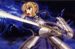 Rule 34 | 00s, 1girl, ahoge, armor, armored dress, artoria pendragon (all), artoria pendragon (fate), blonde hair, dress, excalibur (fate/stay night), fate/stay night, fate (series), glowing, glowing sword, glowing weapon, green eyes, puffy sleeves, saber (fate), solo, sword, weapon