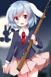 Rule 34 | 1girl, :d, animal ears, blazer, collared shirt, commentary request, cowboy shot, crescent, crescent pin, grey hair, gun, highres, holding, holding weapon, jacket, long sleeves, looking at viewer, necktie, open mouth, pink skirt, rabbit, rabbit ears, rabbit girl, red eyes, red necktie, reisen (touhou bougetsushou), rifle, ruu (tksymkw), shirt, short hair, skirt, smile, solo, touhou, weapon, white shirt