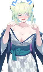 Rule 34 | 1girl, ^ ^, absurdres, animal ears, artist name, bare shoulders, bath yukata, blue archive, blush, breasts, cleavage, clenched hands, closed eyes, collarbone, extra ears, facing viewer, green hair, halo, hands up, hanten (clothes), highres, japanese clothes, kimono, kimono pull, large breasts, obi, official alternate costume, sash, shigure (blue archive), shigure (hot spring) (blue archive), signature, simple background, smile, solo, teeth, tomid, upper teeth only, weasel ears, white background, yukata
