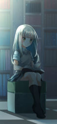 Rule 34 | 1girl, black socks, blunt bangs, blurry, blurry background, blush, book, bookshelf, brown eyes, checkered floor, closed mouth, collared shirt, comah, depth of field, dress shirt, full body, grey skirt, highres, indoors, kneehighs, light particles, long hair, no shoes, open book, original, pleated skirt, reading, shirt, silver hair, sitting, skirt, smile, socks, solo, sweater vest, very long hair, white shirt