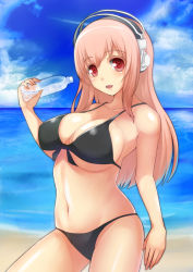 Rule 34 | 1girl, beach, bikini, black bikini, blush, bottle, breasts, cleavage, day, front-tie bikini top, front-tie top, headphones, highres, large breasts, long hair, looking at viewer, nitroplus, ocean, open mouth, outdoors, pink hair, red eyes, solo, super sonico, swimsuit, water, water bottle, yashichii