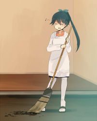 Rule 34 | 10s, 1girl, annin musou, apron, bad id, bad twitter id, bamboo broom, black hair, broom, closed eyes, commentary request, full body, hair ribbon, holding, holding broom, houshou (kancolle), japanese clothes, kantai collection, kappougi, musical note, open mouth, pantyhose, ponytail, quaver, ribbon, smile, solo, sweeping, thighhighs, white pantyhose