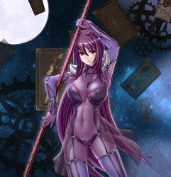 Rule 34 | 1girl, bodysuit, breasts, cameltoe, covered erect nipples, dress, fate/grand order, fate (series), female focus, gae bolg (fate), highres, large breasts, long hair, navel, nipples, purple bodysuit, purple dress, purple hair, purple skirt, red eyes, ryuuzouji usagi, scathach (fate), see-through, skirt, solo, thighhighs, very long hair