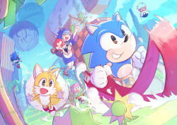 Rule 34 | 2girls, 4boys, :d, ^ ^, alternate hair color, blue hair, blue sky, chaos emerald, closed eyes, dr. eggman, flower, flying, gloves, green hill zone, grin, hololive, hood, hood up, inugami korone, inugami korone (sonikoro), knuckles the echidna, metal sonic, multiple boys, multiple girls, myuutau tadakichi, open mouth, pointing, robot, running, shoes, skirt, sky, smile, sneakers, sonic (series), sonic the hedgehog, sonic the hedgehog (classic), sunflower, tails (sonic), tree, virtual youtuber, white gloves