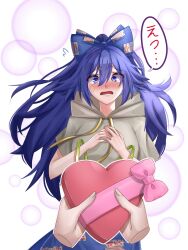 Rule 34 | 1girl, 1other, blue bow, blue eyes, blue hair, blue skirt, blush, bow, box, commentary, debt, disembodied limb, drawstring, grey hoodie, hair between eyes, hair bow, heart-shaped box, highres, hood, hoodie, long hair, looking at viewer, open mouth, short hair, skirt, solo focus, speech bubble, sweatdrop, symbol-only commentary, touhou, translation request, valentine, white background, yorigami, yorigami shion