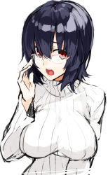Rule 34 | 10s, 1girl, adjusting eyewear, alternate costume, bad id, bad pixiv id, bespectacled, black hair, breasts, glasses, kantai collection, large breasts, open mouth, personification, red eyes, ribbed sweater, ruuto (sorufu), semi-rimless eyewear, short hair, solo, sweater, takao (kancolle), turtleneck
