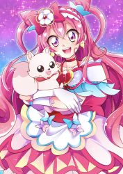 Rule 34 | 1girl, :d, absurdres, animal, blue bow, bow, choker, cone hair bun, cure precious, delicious party precure, dress, earrings, floating hair, gloves, hair between eyes, hair bow, hair bun, highres, holding, holding animal, jewelry, kome-kome (precure), layered dress, long hair, looking at viewer, mitsuki tayura, open mouth, pink bow, pink eyes, pink hair, precure, red bow, red choker, smile, solo, standing, very long hair, white gloves