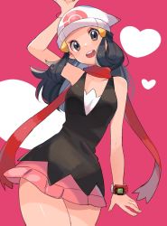 Rule 34 | 1girl, :d, arm up, bad id, bad twitter id, beanie, black shirt, bracelet, collarbone, commentary request, creatures (company), dawn (pokemon), eyelashes, game freak, grey eyes, hat, head tilt, heart, highres, jewelry, nintendo, open mouth, pink background, pink skirt, pokemon, pokemon dppt, poketch, red scarf, ririmon, scarf, shirt, skirt, sleeveless, sleeveless shirt, smile, solo, teeth, tongue, upper teeth only, watch, white hat, wristwatch