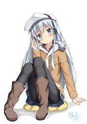 Rule 34 | 1girl, alternate costume, black pantyhose, black skirt, blue eyes, boots, brown coat, brown footwear, coat, earmuffs, flat cap, full body, fur collar, hammer and sickle, hat, hibiki (kancolle), kantai collection, long hair, long sleeves, looking at viewer, mikoillust, pantyhose, pleated skirt, silver hair, simple background, sitting, skirt, solo, verniy (kancolle), white background, white hat