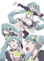 Rule 34 | 1girl, aqua eyes, aqua hair, arm up, black bow, blue nails, bow, bracelet, closed mouth, earrings, fang, fingernails, frown, grey beak, hair ornament, hatsune miku, heart, heart earrings, heart hair ornament, heart print, highres, jewelry, long hair, mosh mallow, multiple views, nail polish, neckerchief, open mouth, pinky ring, puffy sleeves, ring, simple background, sweat, tongue, twintails, vocaloid, yellow neckerchief