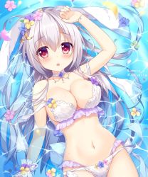 Rule 34 | 1girl, :o, ameto yuki, animal ears, arm up, bare shoulders, bikini, blanc (ameto yuki), bracelet, breasts, rabbit ears, caustics, choker, cleavage, flower, frilled bikini, frills, highres, jewelry, large breasts, long hair, looking at viewer, lying, navel, on back, open mouth, original, petals, pink flower, red eyes, silver hair, solo, stomach, swimsuit, water