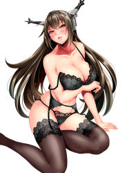 Rule 34 | 10s, 1girl, black bra, black hair, black panties, black thighhighs, blush, bra, breast hold, breasts, garter belt, garter straps, headgear, itachou, kantai collection, lace, lace-trimmed bra, lace-trimmed legwear, lace trim, large breasts, lingerie, long hair, looking at viewer, nagato (kancolle), panties, red eyes, sitting, solo, strap slip, thighhighs, underwear, underwear only