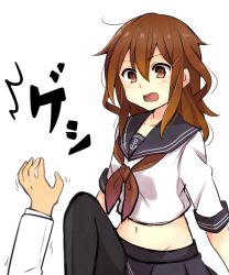 Rule 34 | 10s, 1boy, 1girl, :d, admiral (kancolle), aged up, alternate hair length, alternate hairstyle, bad id, bad pixiv id, black pantyhose, brown eyes, brown hair, fang, hair ornament, hairclip, highres, ikazuchi (kancolle), kantai collection, long hair, navel, open mouth, out of frame, pantyhose, pleated skirt, school uniform, serafuku, sketch, skirt, smile, translation request, yukichi (eikichi)