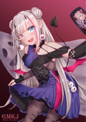 Rule 34 | 1girl, absurdres, artist name, cellphone, chain, collarbone, commentary request, demon tail, double bun, fang, ghost, girls&#039; frontline, gmkj, hair bun, hair ornament, hairclip, halloween costume, heterochromia, highres, long hair, looking at viewer, mdr (ghost trap) (girls&#039; frontline), mdr (girls&#039; frontline), official alternate costume, open mouth, pantyhose, phone, pointy ears, selfie, silver hair, simple background, solo, tail