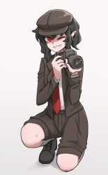 Rule 34 | 1girl, black hair, brown footwear, brown hat, brown jacket, brown shorts, cabbie hat, camera, collared shirt, commentary, english commentary, flat cap, full body, grin, hat, highres, holding, holding camera, jacket, kneehighs, kneeling, long sleeves, mata (matasoup), necktie, one eye closed, open clothes, open jacket, pointy ears, red eyes, red necktie, shameimaru aya, shameimaru aya (newsboy), shirt, short hair, short ponytail, shorts, simple background, smile, socks, solo, touhou, wavy hair, white background, white shirt, white socks
