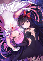 Rule 34 | 10s, 2girls, absurdres, akemi homura, akuma homura, arm up, bare shoulders, black dress, black gloves, black hair, blurry, bow, breasts, choker, closed mouth, commentary, cowboy shot, crying, dark orb (madoka magica), depth of field, dress, eyebrows, feathers, gendo0032, gendo0033, gloves, glowing, hair bow, hair in own mouth, hair ribbon, hairband, hand on another&#039;s head, highres, kaname madoka, long hair, looking at viewer, magical girl, mahou shoujo madoka magica, mahou shoujo madoka magica: hangyaku no monogatari, medium breasts, multiple girls, parted lips, pink hair, purple eyes, purple hair, red bow, red hairband, red ribbon, ribbon, rotational symmetry, soul gem, space, spoilers, strapless, streaming tears, tears, two side up, ultimate madoka, upside-down, very long hair, white dress, white gloves, wide sleeves, yellow eyes, yuri