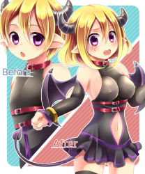 Rule 34 | 1boy, 1girl, before and after, black dress, black thighhighs, blonde hair, blue background, blush, border, bracelet, breasts, chokobanira, clothing cutout, covered erect nipples, demon boy, demon girl, demon horns, demon tail, demon wings, detached sleeves, dress, embarrassed, genderswap, genderswap (mtf), horns, jewelry, medium hair, navel, navel cutout, open mouth, original, outline, pointy ears, purple eyes, red background, second-party source, short hair, striped, striped background, tail, thighhighs, white border, white outline, wings