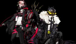 Rule 34 | 2boys, alternate costume, android, animal ears, belt, black background, black belt, black choker, black coat, black gloves, black hair, black jacket, black necktie, black pants, black sclera, chest harness, choker, claws, coat, coat on shoulders, collared shirt, colored sclera, down jacket, earrings, feet out of frame, fur-trimmed jacket, fur trim, gloves, green eyes, hair between eyes, half gloves, hand up, harness, highres, holding, holding ribbon, holostars, id card, jackal boy, jackal ears, jackal tail, jacket, jewelry, kageyama shien, male focus, mechanical arms, mechanical parts, multicolored hair, multiple boys, neck ribbon, necktie, official art, open clothes, open collar, open jacket, oxfords, pants, parted lips, pink hair, pink ribbon, respirator, ribbon, rikka (holostars), robot ears, rubble, sharp teeth, shirt, short hair, simple background, single earring, single mechanical arm, tail, teeth, thigh strap, two-tone hair, undone neck ribbon, unrefle, virtual youtuber, white hair, white shirt, yellow eyes