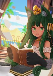 Rule 34 | 1girl, animal ears, animal hands, anubis (monster girl encyclopedia), bad link, bare shoulders, blue sky, blurry, blurry background, blurry foreground, blush, book, cloud, collar, commission, curtains, depth of field, dress, embarrassed, green eyes, green hair, hair ornament, highres, holding, holding book, indoors, kirimatsu, looking at viewer, monster girl, monster girl encyclopedia, parted lips, second-party source, sky, snake hair ornament, solo, white dress, window, wolf ears
