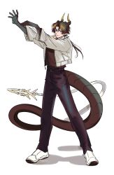 Rule 34 | 1boy, arknights, arms up, black hair, black pants, brown hair, chong yue (arknights), closed mouth, commentary request, dragon boy, dragon horns, dragon tail, earrings, full body, highres, horns, jacket, jewelry, korean commentary, long hair, long sleeves, looking at viewer, low ponytail, male focus, multicolored hair, nills, pants, pointy ears, red eyes, shirt, shoes, simple background, smile, sneakers, solo, standing, streaked hair, tail, very long tail, white background, white footwear, white jacket