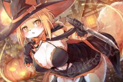 Rule 34 | 1girl, animal ears, black cape, black gloves, black skirt, blonde hair, blush, bow, bowtie, breasts, cape, fox ears, fox girl, fox tail, furry, furry female, gloves, hair ornament, hairpin, hat, holding, holding knife, holding weapon, knife, large breasts, leaning forward, looking at viewer, nyifu, open mouth, orange bow, orange bowtie, orange cape, orange eyes, original, short ponytail, signature, skirt, solo, standing, tail, watermark, weapon, witch hat