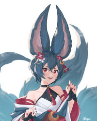 Rule 34 | 1girl, animal ears, artist name, bare shoulders, blue hair, bridal gauntlets, collarbone, crossed bangs, erune, fangs, fikkyun, fingernails, fox ears, fox girl, fox tail, granblue fantasy, hair between eyes, hair ornament, highres, looking at viewer, multiple tails, nail polish, open mouth, red eyes, red nails, short hair, simple background, smile, solo, tail, teeth, upper body, upper teeth only, very long ears, white background, you (granblue fantasy)