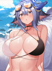 Rule 34 | 1girl, :o, absurdres, animal ears, antenna hair, arms behind back, azur lane, bare arms, bare shoulders, bikini, blue-framed eyewear, blue sky, blush, breasts, cleavage, cloud, collarbone, criss-cross halter, day, earrings, eyewear on head, fox mask, halterneck, highres, jewelry, large breasts, looking at viewer, mask, mask on head, motono (sakamotono), navel, open mouth, outdoors, red eyes, short hair, silver hair, sky, solo, sunglasses, sunglasses on head, swimsuit, tosa (azur lane), tosa (hometown zest) (azur lane), two-tone bikini, upper body
