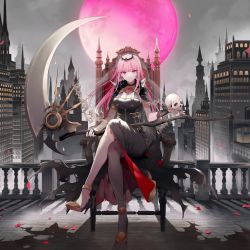 Rule 34 | 1girl, absurdres, architecture, black thighhighs, blush, crown, gothic architecture, grey sky, high heels, highres, hololive, hololive english, long hair, moon, mori calliope, petals, pink hair, pink moon, red eyes, sickle, skull, sky, solo, standing, thighhighs, virtual youtuber, weapon, yukisame