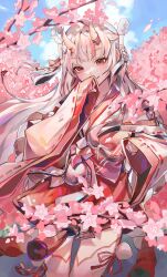Rule 34 | 1girl, absurdres, blue sky, cherry blossoms, cocoballking, covering own mouth, cowboy shot, day, grey hair, hair rings, highres, hololive, horns, long hair, long sleeves, looking at viewer, multicolored hair, nakiri ayame, nakiri ayame (shrine maiden), nontraditional miko, official alternate costume, outdoors, red eyes, red hair, ribbon-trimmed sleeves, ribbon trim, skin-covered horns, sky, sleeves past fingers, sleeves past wrists, smile, solo, streaked hair, thighhighs, virtual youtuber, white thighhighs, wide sleeves, zettai ryouiki
