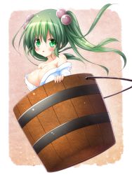 Rule 34 | 1girl, :o, bare shoulders, blush, breasts, bucket, green eyes, green hair, hair bobbles, hair ornament, highres, in bucket, in container, kisume, large breasts, long hair, looking at viewer, open mouth, osashin (osada), parted lips, solo, touhou, twintails