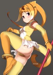 Rule 34 | 1girl, absurdres, animal ears, ass, boots, brown eyes, cameltoe, circlet, commentary, elbow gloves, extra ears, gloves, golden snub-nosed monkey (kemono friends), gradient hair, high ponytail, highres, kemono friends, leotard, light blush, long hair, looking at viewer, masuyama ryou, monkey ears, multicolored hair, orange footwear, orange gloves, orange hair, serious, solo, staff, thigh boots, v-shaped eyebrows, white hair