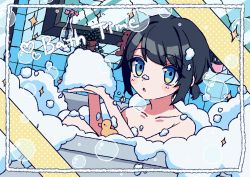 Rule 34 | 1boy, androgynous, bath, bathing, black hair, blue eyes, blush, bubble bath, flower, low ponytail, male focus, open mouth, original, plant, pml, ponytail, potted plant, rubber duck, short hair, short ponytail, solo, stuffed animal, stuffed toy, teddy bear, vase, water