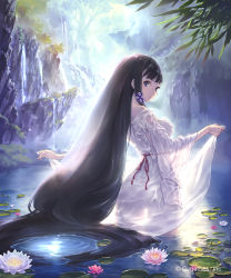 Rule 34 | 1girl, backless outfit, black hair, blunt bangs, breasts, cliff, closed mouth, cygames, dress, flower, freckles, from behind, highres, hisakata souji, lily pad, long hair, looking back, medium breasts, official art, pink flower, pond, purple eyes, see-through, shingeki no bahamut, skirt hold, solo, straight hair, tareme, very long hair, wading, water, waterfall, wet, wet clothes, wet dress, white dress