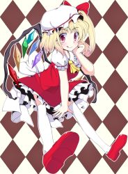 Rule 34 | 1girl, :q, argyle, argyle background, argyle clothes, ascot, bad id, bad pixiv id, blonde hair, embodiment of scarlet devil, female focus, flandre scarlet, hand on own cheek, hand on own face, hat, hat ribbon, licking lips, perspective, red eyes, ribbon, sawade, shirt, side ponytail, skirt, skirt set, smile, solo, thighhighs, tongue, tongue out, touhou, vest, white thighhighs, wings, zettai ryouiki