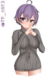 Rule 34 | 1girl, absurdres, ahoge, alternate costume, breasts, covered navel, cowboy shot, dress, grey sweater, highres, kantai collection, medium breasts, one-hour drawing challenge, own hands clasped, own hands together, purple eyes, purple hair, ribbed sweater, sakawa (kancolle), short hair, simple background, solo, sweater, sweater dress, tf cafe, twitter username, white background