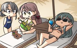 Rule 34 | 3girls, akashi (kancolle), beach, bikini, chair, commentary, cup, dated, drink, drinking glass, green hair, hamu koutarou, highres, holding, holding cup, holding drinking glass, kantai collection, long hair, lying, multiple girls, nowaki (kancolle), on back, one-piece swimsuit, open mouth, pink hair, school swimsuit, silver hair, sitting, smile, sunglasses, suzuya (kancolle), swimsuit, tools, water gun
