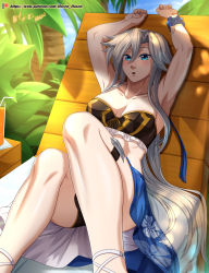 Rule 34 | absurdres, armpits, arms up, bikini, blue eyes, brave frontier, highres, juice, long hair, looking at viewer, ribbon, sefia, solo, swimsuit, thigh strap, tropical, vilde loh hocen, white hair, wrist ribbon