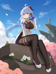 Rule 34 | 1girl, ahoge, ankle ribbon, bare shoulders, bell, black gloves, blue hair, blue sky, blush, bodice, bodystocking, bodysuit, breasts, brown bodysuit, chinese knot, closed mouth, cloud, cowbell, crossed bangs, day, detached sleeves, floating hair, flower, full body, ganyu (genshin impact), genshin impact, gloves, goat horns, hand in own hair, hand up, highres, horns, i ruru, large breasts, leaf, leg ribbon, legs, long hair, looking at viewer, neck bell, outdoors, ponytail, purple eyes, ribbon, rock, sitting, sky, smile, solo, twitter username, white flower, white footwear, white sleeves