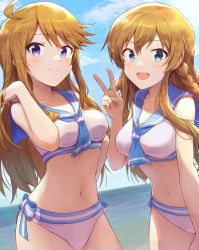 Rule 34 | 2girls, :d, absurdres, ahoge, bare arms, bare shoulders, bikini, blonde hair, blue bow, blue eyes, blue neckerchief, blue sailor collar, blue sky, blush, bow, braid, breasts, cleavage, closed mouth, collarbone, commission, cowboy shot, day, hand up, highres, horizon, idolmaster, idolmaster million live!, kousaka umi, leaning forward, lens flare, long hair, looking at viewer, medium breasts, multiple girls, navel, neckerchief, ocean, open mouth, outdoors, pixiv commission, purple eyes, sailor bikini, sailor collar, sailor swimsuit (idolmaster), shuucream (syuichi), sky, smile, stomach, swimsuit, tokoro megumi, twin braids, v, white bikini