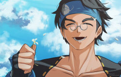Rule 34 | 1boy, black hair, blue headband, cloud, cloudy sky, collarbone, day, fingerless gloves, flower, gamang sae8, glasses, gloves, guilty gear, guilty gear strive, headband, highres, holding, holding flower, looking at viewer, male focus, mito anji, open mouth, outdoors, petals, pince-nez, short hair, sky, smile, upper body, white flower