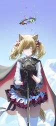 Rule 34 | 1girl, absurdres, animal ears, arknights, black cape, black dress, blonde hair, blue background, cape, closed eyes, cowboy shot, dierbeibanjia, dress, facing viewer, halo, highres, long hair, microphone stand, simple background, solo, sora (arknights), thighhighs, twintails, white thighhighs, wolf ears, wolf girl