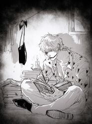 Rule 34 | 1boy, book, book stack, candle, cigarette, clothesline, collarbone, collared shirt, donquixote rocinante, facepaint, fingernails, full body, greyscale, heart, heart print, highres, holding, holding quill, indian style, lipstick, long sleeves, makeup, male focus, monochrome, one piece, pants, pectoral cleavage, pectorals, quill, shirt, shoes, short hair, signature, sitting, smoking, solo, sub 45