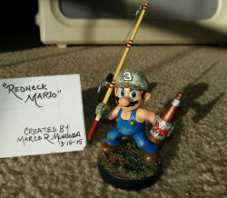 Rule 34 | blue eyes, blue overalls, bottle, brown footwear, camouflage, character name, dated, english text, figure, fishing rod, hat, indoors, lined paper, male focus, mario, mario (series), nintendo, overalls, photo (medium), redneck, shoes, super mario bros. 1, text focus, third-party source