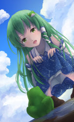 Rule 34 | 1girl, bare shoulders, blue skirt, blue sky, cloud, collarbone, day, detached sleeves, dutch angle, frog, frog hair ornament, from below, green eyes, green hair, hair ornament, hair tubes, hands on own knees, kochiya sanae, loafers, long hair, looking at viewer, nontraditional miko, open mouth, outdoors, pigeon-toed, pita (pitaani-223), shoes, skirt, sky, snake hair ornament, solo, squatting, touhou, water