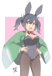 Rule 34 | 1girl, adapted costume, black leotard, black pantyhose, blue eyes, blue hair, blush, breasts, bunny day, cowboy shot, detached collar, green kimono, hair ribbon, hands on own hips, highres, japanese clothes, kantai collection, kimono, large breasts, leotard, leotard under clothes, long sleeves, looking at viewer, open clothes, open kimono, open mouth, osamada meika, pantyhose, ribbon, short hair, signature, simple background, smile, souryuu (kancolle), twintails, white background, wide sleeves